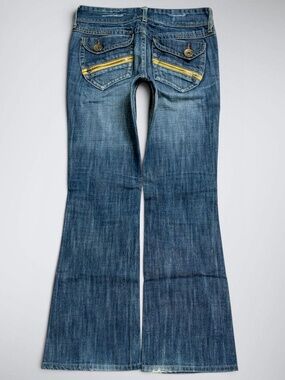 Vintage Back Number Japanese Brand Zipper Detail Flap Pocket Low Rise Flare Jean